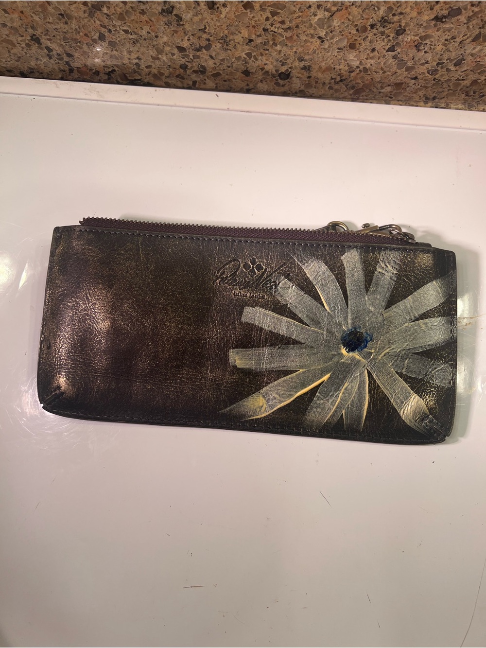 Patricia Nash Brown Leather Zip Wallet Wristlet with Hand-Painted Daisy 10x5”